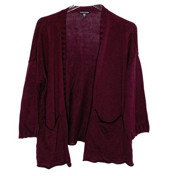 Eileen Fisher S Linen Cotton Blend Cardigan Lightweight Knit Pockets Plum - Picture 1 of 8